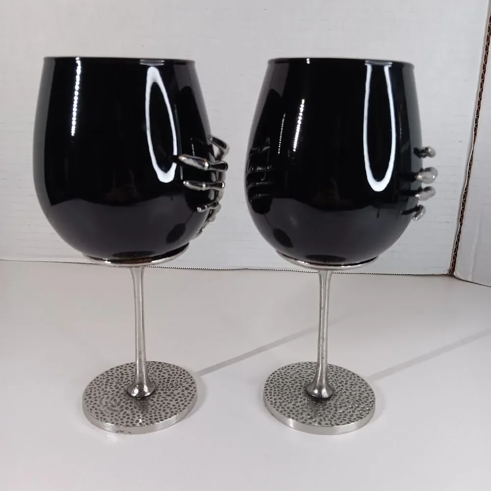 Metal Skeleton Hand Black Glass Goblet Wine Cup Halloween Goth Gothic Spooky